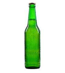 Beer bottle green with drops isolation