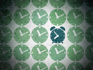 Timeline concept: blue alarm clock icon on digital background