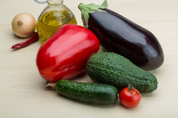 Eggplant, cucumber, avocado and red pepper