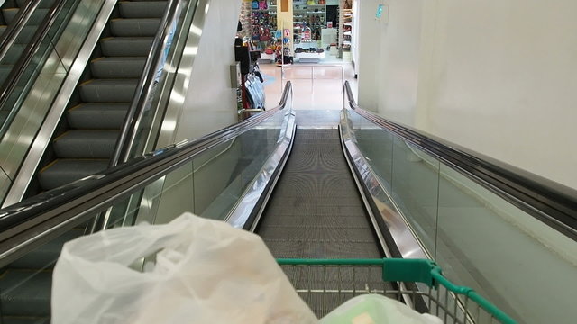 Riding down escalator in supermarket.60 fps.