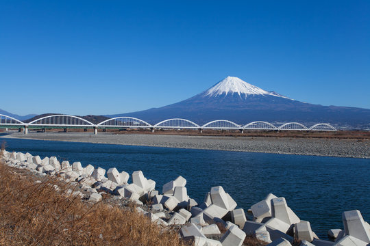 Mountain Fuji and Fujikawa river at Shizuoka