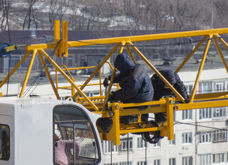 Two mechanics repairing a crane