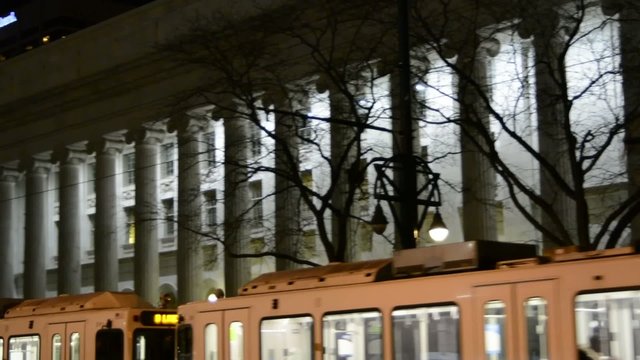 top of train with courthouse columns in background