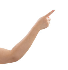 Women hand pointing isolated on white background