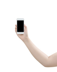 Women hand holding smartphone isolated on white background