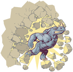 Vector Mascot Cartoon Rhino Crashing through a wall
