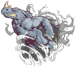 Cartoon Mascot Rhino Ripping Through Background Left