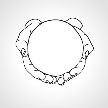 Closeup of cupped hands holding a round object. Hand drawn