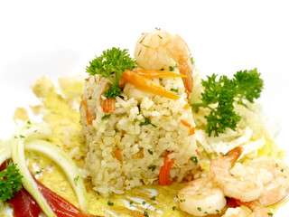 Fried rice with shrimp and parsley leaves.