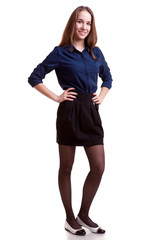 Fototapeta premium Smiling student in blue shirt full body on white background