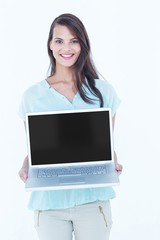 Beautiful woman showing her laptop