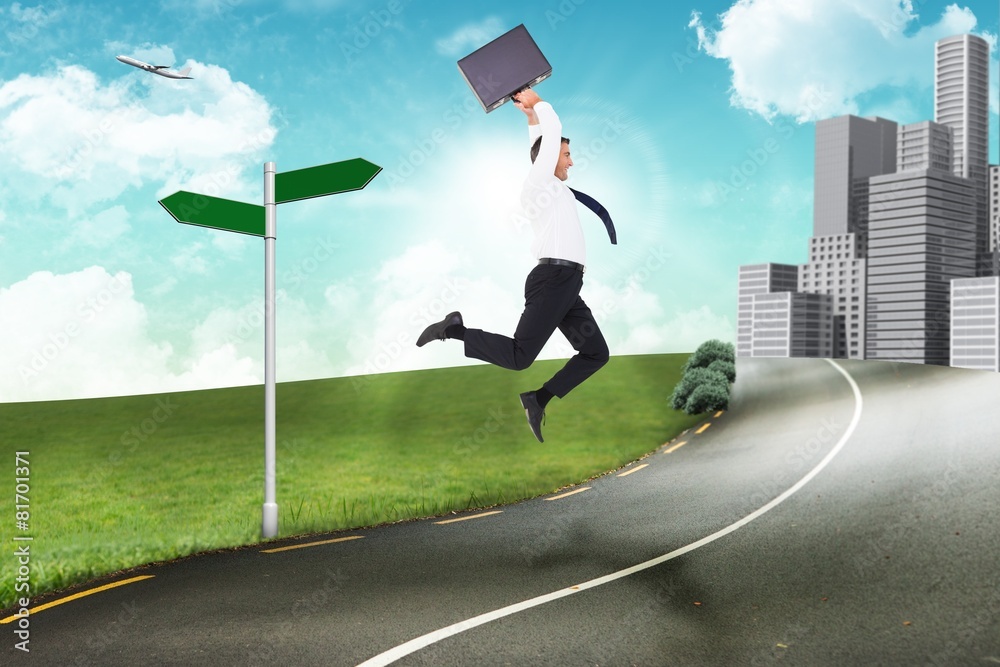 Poster Composite image of smiling businessman leaping while briefcase