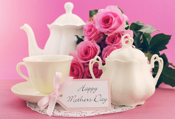 Happy Mothers Day Pink Roses and Tea Setting.