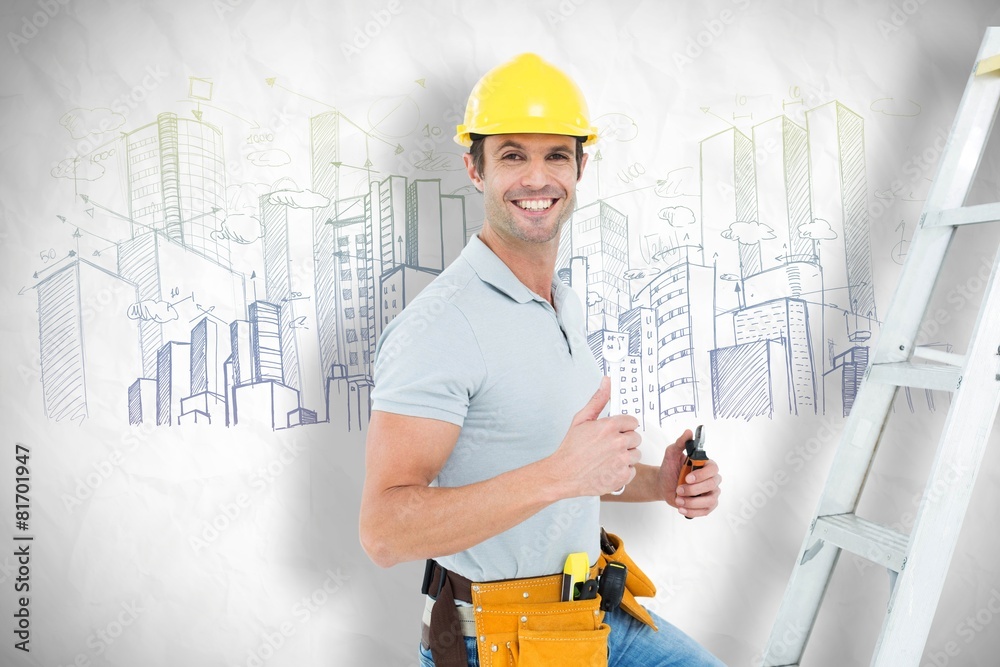 Poster technician with tools showing thumbs up by step ladder