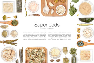 various superfood on white background top view