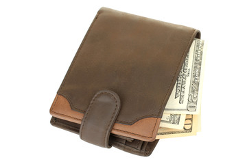 Brown wallet with money on white background