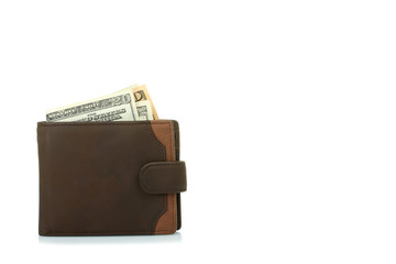 Brown wallet with money on white background
