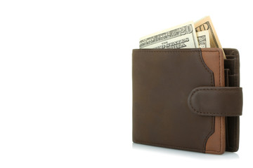 Brown wallet with money on white background