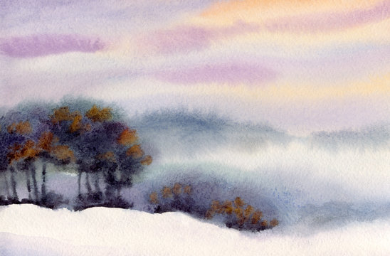 Watercolor winter landscape. Evening sky over valley
