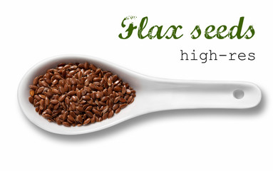 Flax seeds in white porcelain spoon 