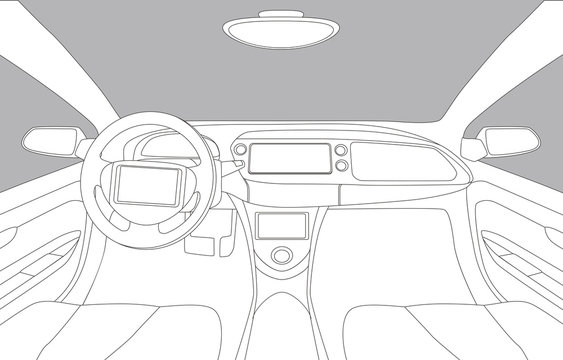 generic car cockipt, line drawing illustration