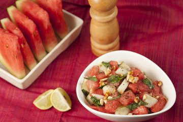 Refreshing watermelon, cucumber and mint salad.