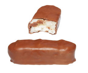 pieces of chocolate bar with coconut filling isolated on white