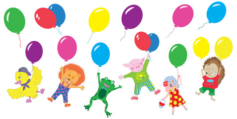 Obraz na płótnie Canvas Funny cartoon animals with balloons isolated on white