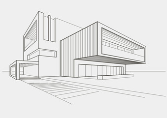 linear sketch modern building on light gray background - obrazy, fototapety, plakaty