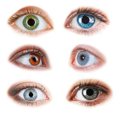 Collage of beautiful female eyes, isolated on white