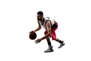Isolated basketball player in action is flying high