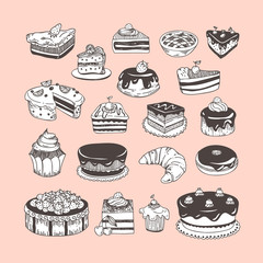 Hand drawn sweet pastry and desserts: cake, donut, croissant