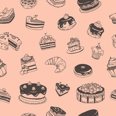 Seamless pattern with sweet pastry and desserts
