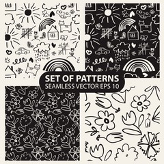 set of seamless hand drawn patterns in the style of children