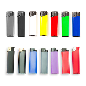 Set of colored lighters on white background.