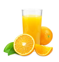 Orange juice and oranges with leaves