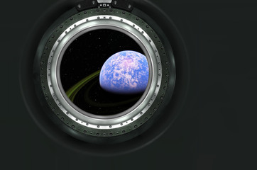 Saturn or alien planet view from spaceship