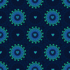 Seamless pattern with hand drawn circle and hearts. Ornate