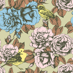 Seamless floral pattern with hand-drawn flowers and birds.