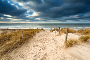 Papier Peint photo Lavable Mer du Nord, Pays-Bas chemin vers la plage orageuse de la mer du Nord