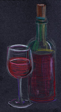 Glass and bottle of red wine, chalk drawing on dark surface