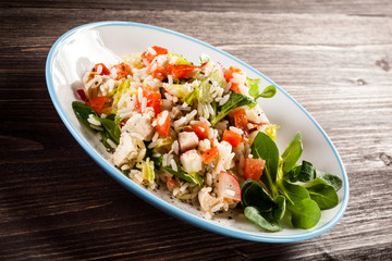 Roasted white meat, rice and vegetables