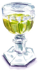 Watercolour drawing of retro goblet with golden white wine