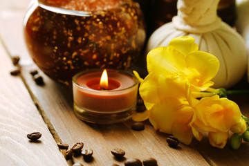 Composition of spa treatment on wooden table background