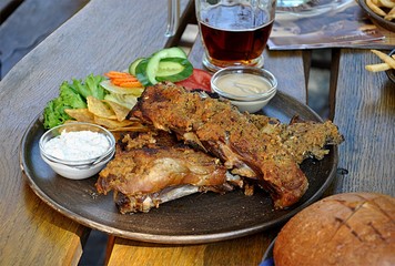 fresh baked meat and beer