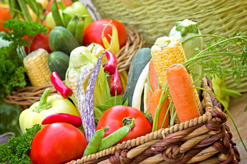 Organic vegetable in wicker basket