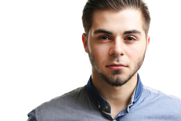 Naklejka premium Portrait of man in blue shirt isolated on white