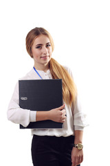 Business woman hold paper folder. Smiling female model isolated