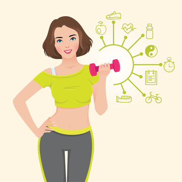 Illustration with elements of infographics girl doing fitness