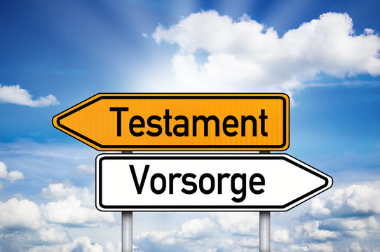Wegweiser mit Testament und Vorsorge